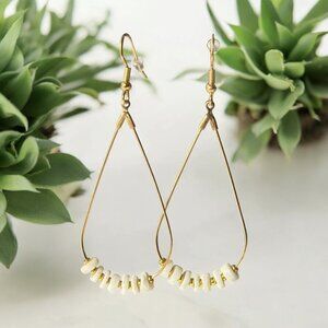 Reimagined Carved Shell Bead Dangle Earrings Gold Tone